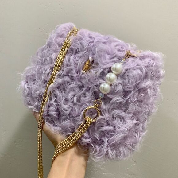 Handmade Genuine Curly Shearling Bamboo handle Bag/Shoulder Bag/Crossbody - Picture 4 of 16